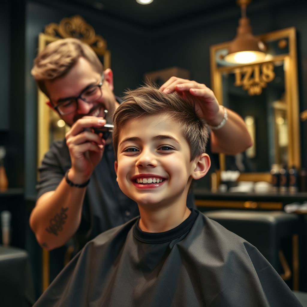 Young boy smiling during haircut