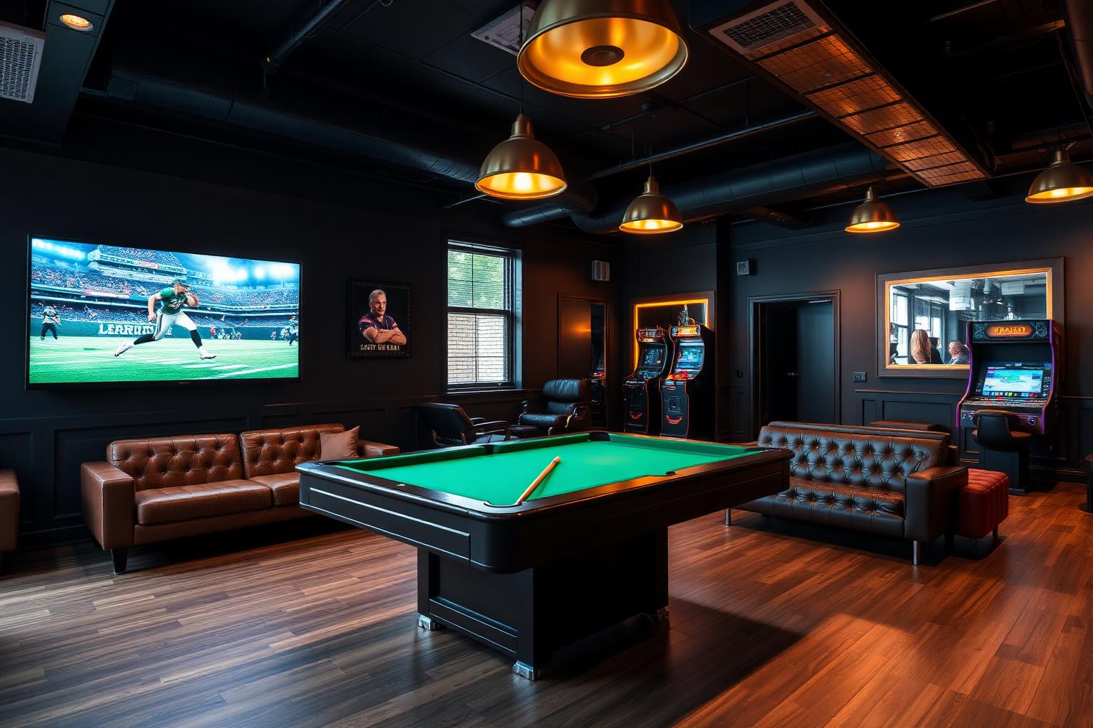 Kingsmen lounge with pool table, sports TV, and arcade